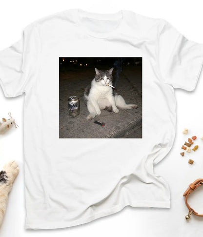 White funny cat t-shirt with the smoking cat meme, flat lay top view