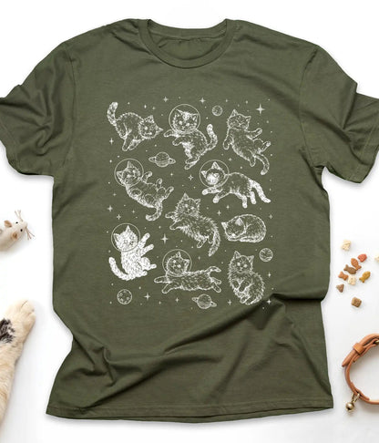 Military Green funny cat t-shirt with astronaut kittens floating in space, flat lay top view