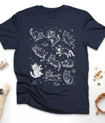 Navy funny cat t-shirt with astronaut kittens floating in space, flat lay top view