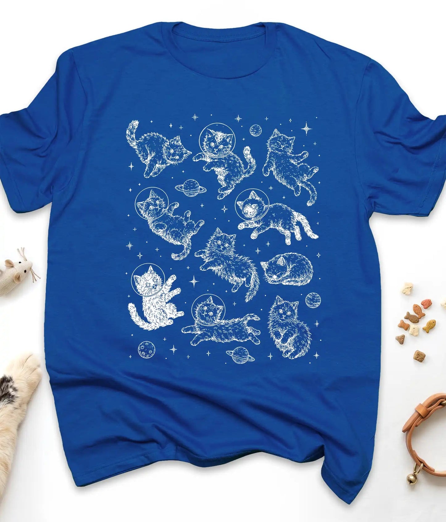 Royal funny cat t-shirt with astronaut kittens floating in space, flat lay top view