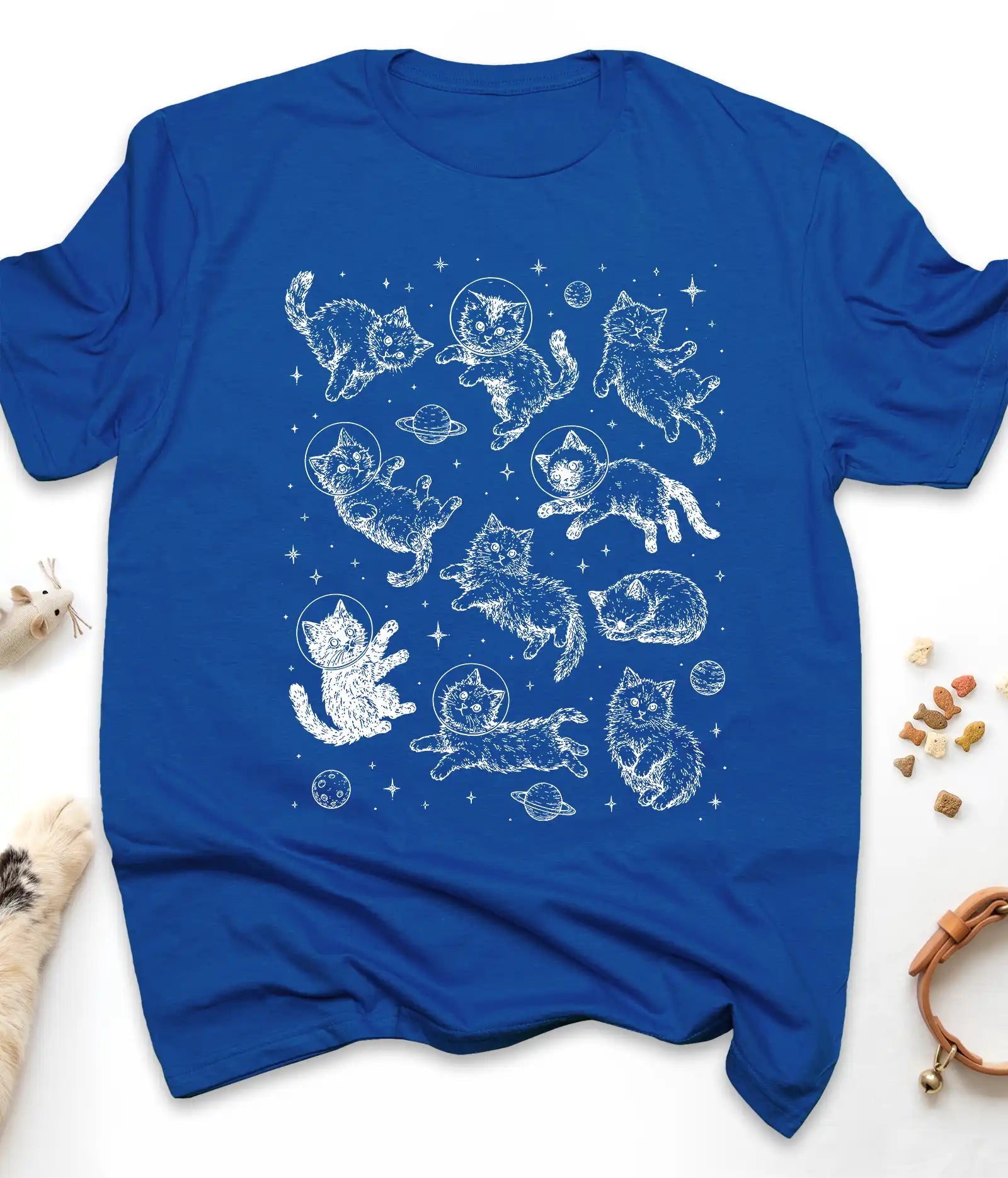 Royal funny cat t-shirt with astronaut kittens floating in space, flat lay top view