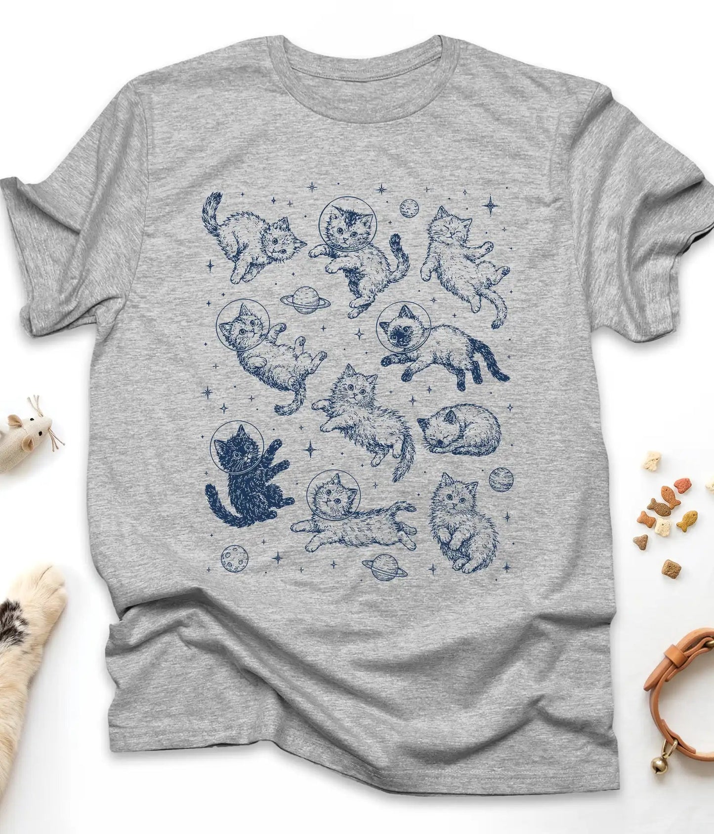 Sport Grey funny cat t-shirt with astronaut kittens floating in space, flat lay top view