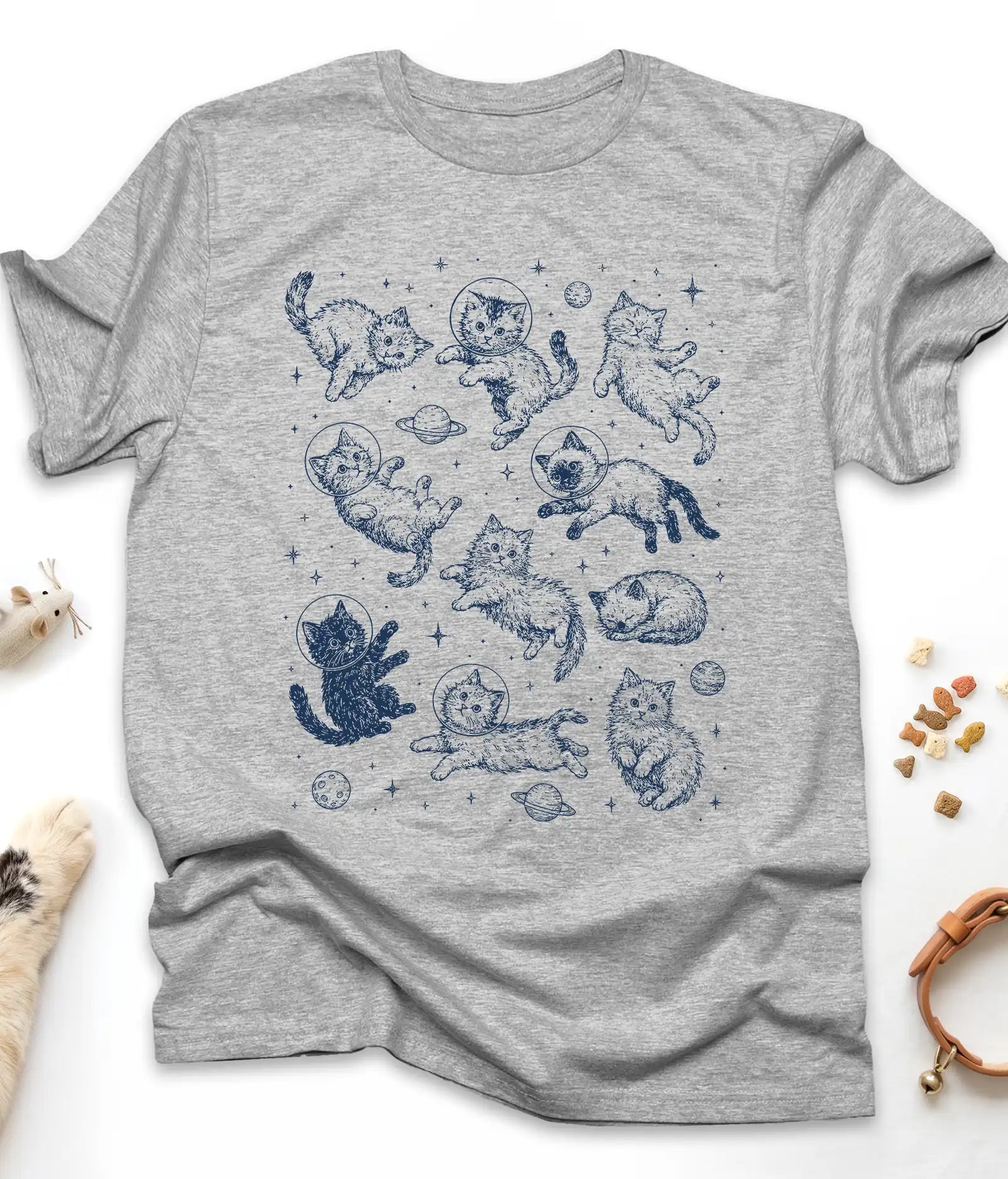 Sport Grey funny cat t-shirt with astronaut kittens floating in space, flat lay top view