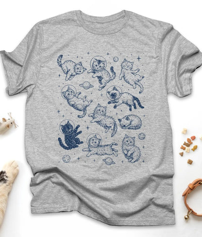 Sport Grey funny cat t-shirt with astronaut kittens floating in space, flat lay top view