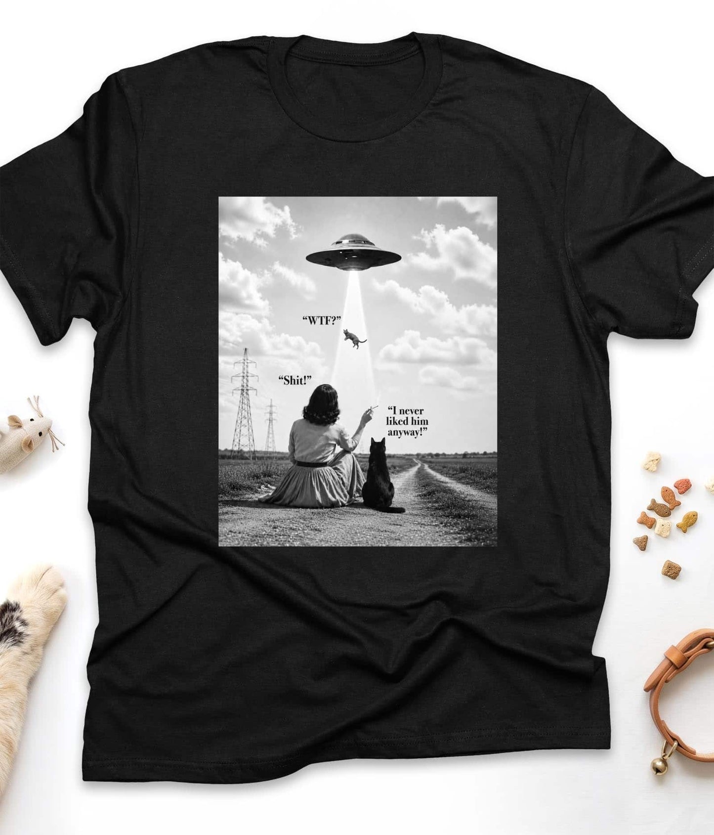 Black funny cat t-shirt with "UFO Abduction Cat" design, front view