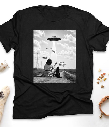 Black funny cat t-shirt with "UFO Abduction Cat" design, front view