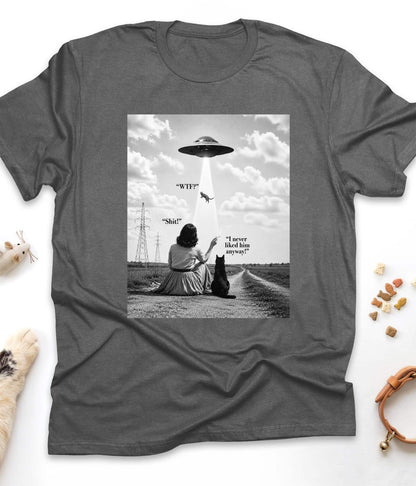 Dark Heather funny cat t-shirt with "UFO Abduction Cat" design, front view