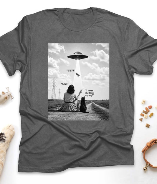 Dark Heather funny cat t-shirt with "UFO Abduction Cat" design, front view
