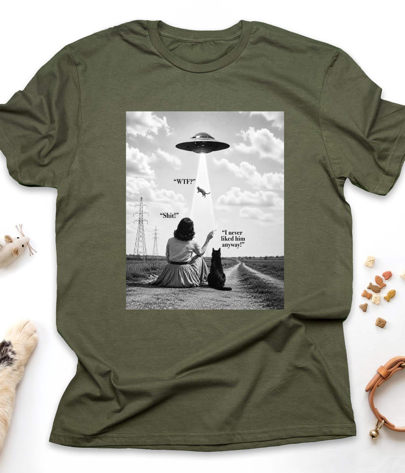 Military Green funny cat t-shirt with "UFO Abduction Cat" design, front view