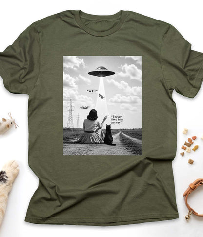 Military Green funny cat t-shirt with "UFO Abduction Cat" design, front view