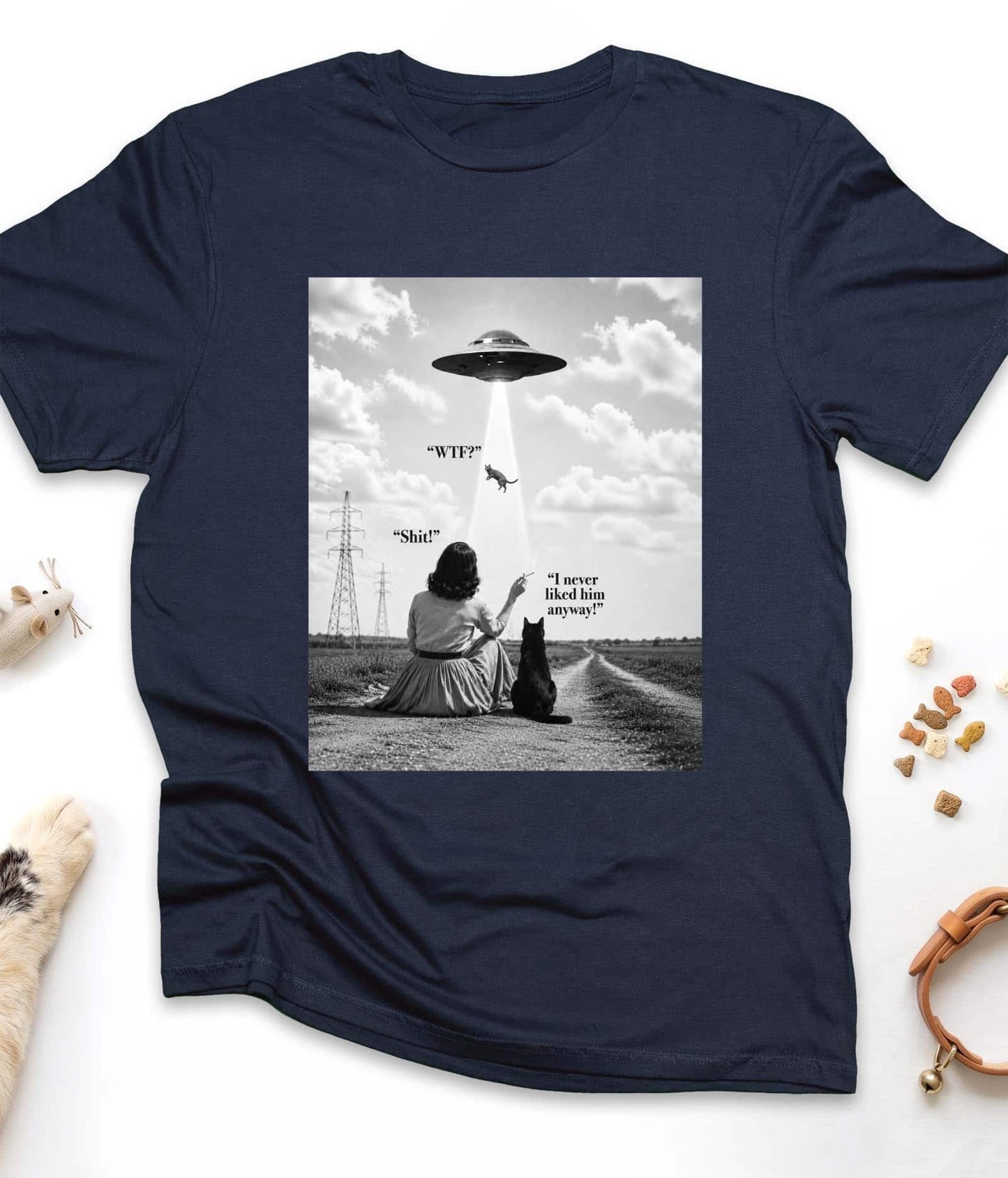 Navy funny cat t-shirt with "UFO Abduction Cat" design, front view