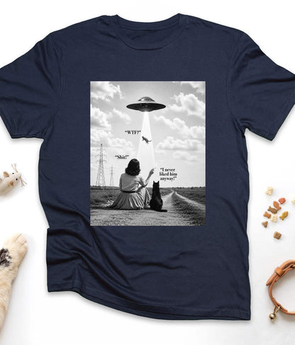 Navy funny cat t-shirt with "UFO Abduction Cat" design, front view