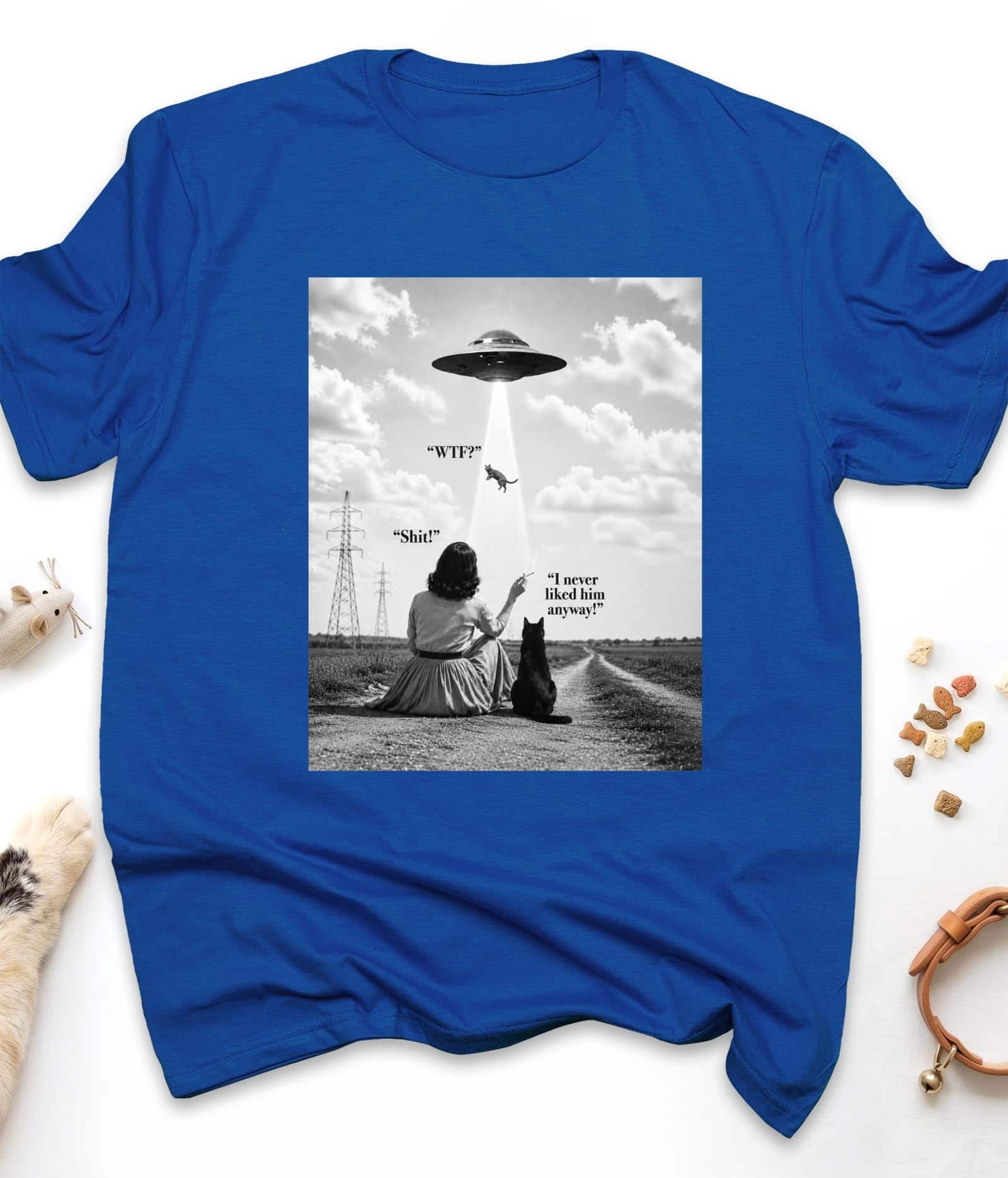 Royal funny cat t-shirt with "UFO Abduction Cat" design, front view