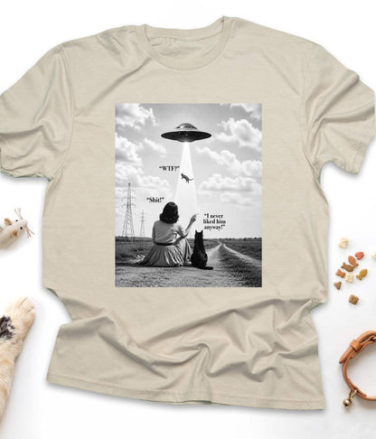 Sand funny cat t-shirt with "UFO Abduction Cat" design, front view