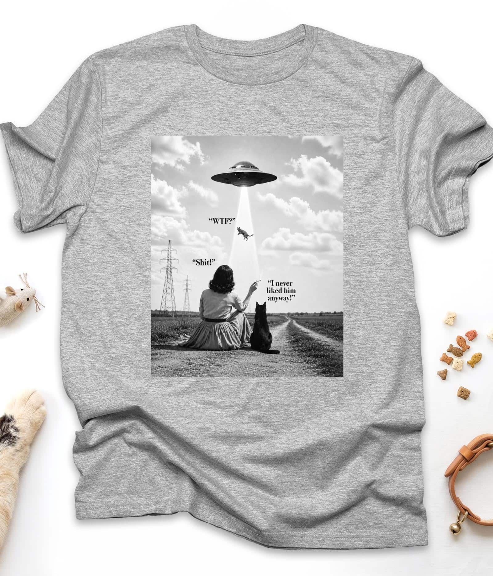 Sport Grey funny cat t-shirt with "UFO Abduction Cat" design, front view
