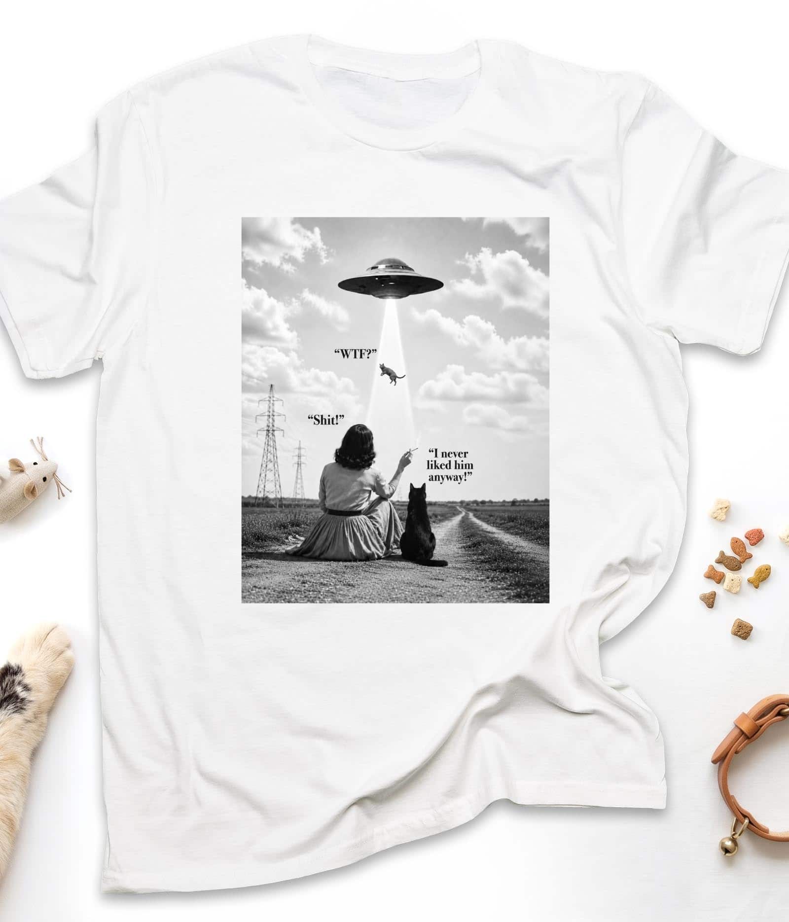 White funny cat t-shirt with "UFO Abduction Cat" design, front view