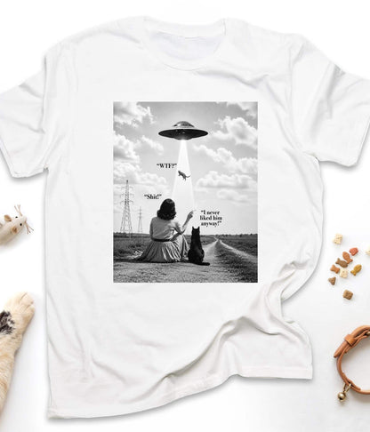 White funny cat t-shirt with "UFO Abduction Cat" design, front view