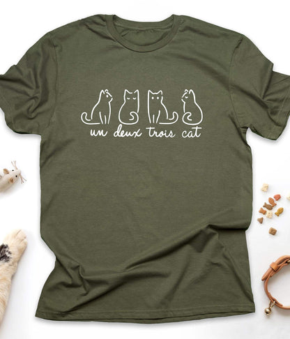Military Green funny cat t-shirt with "Un Deux Trois Cat" design, front view