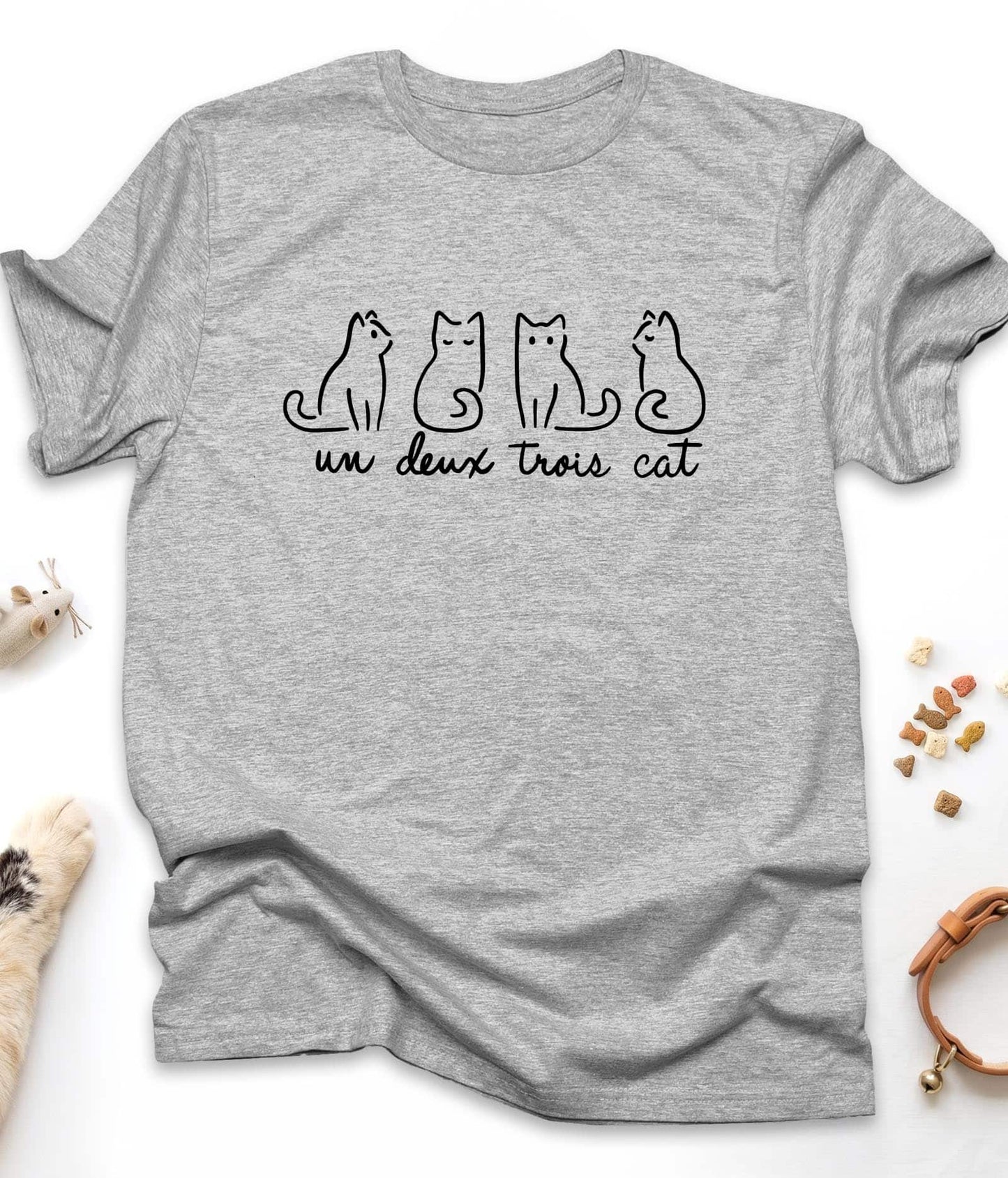 Sport Grey funny cat t-shirt with "Un Deux Trois Cat" design, front view