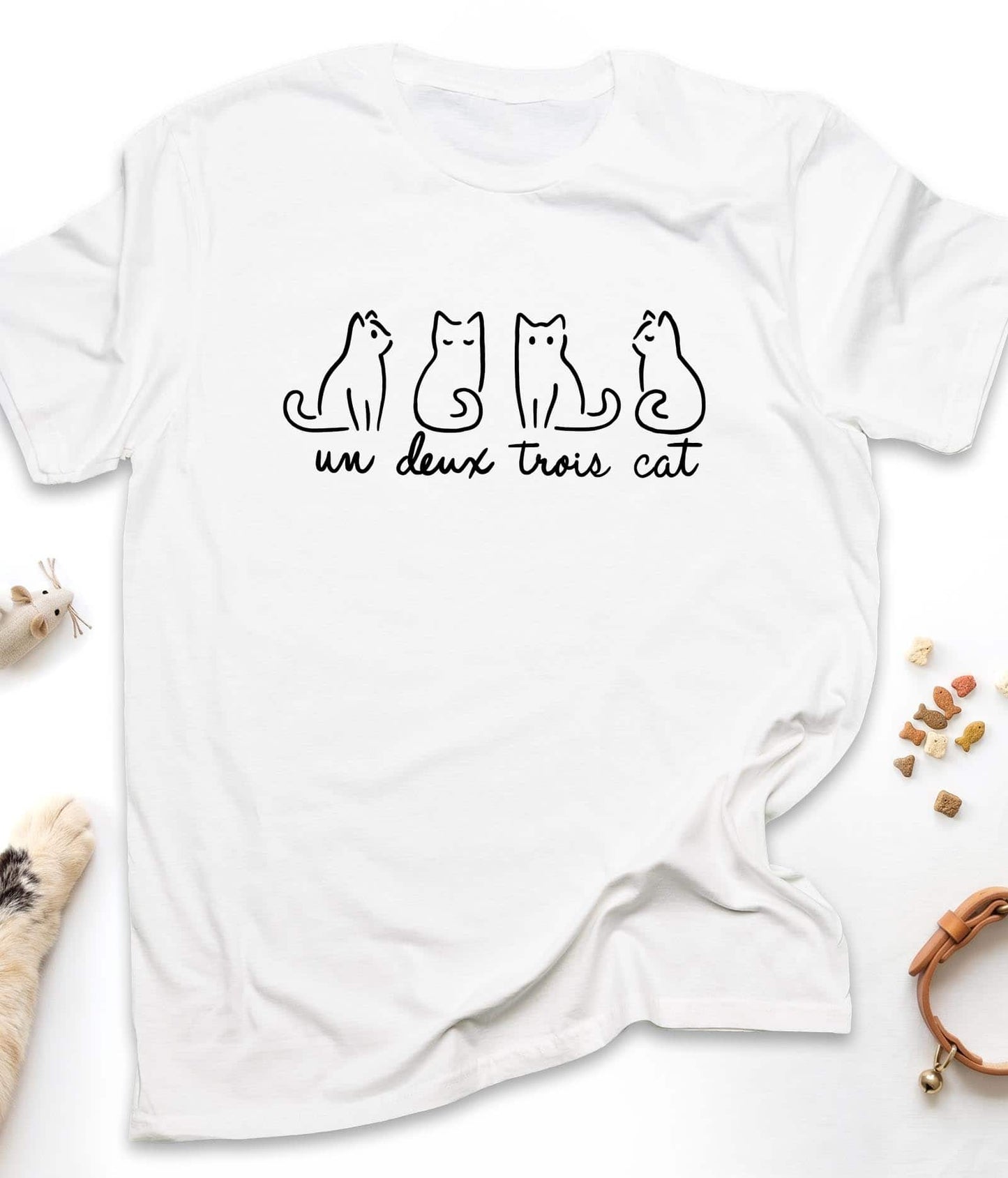 White funny cat t-shirt with "Un Deux Trois Cat" design, front view