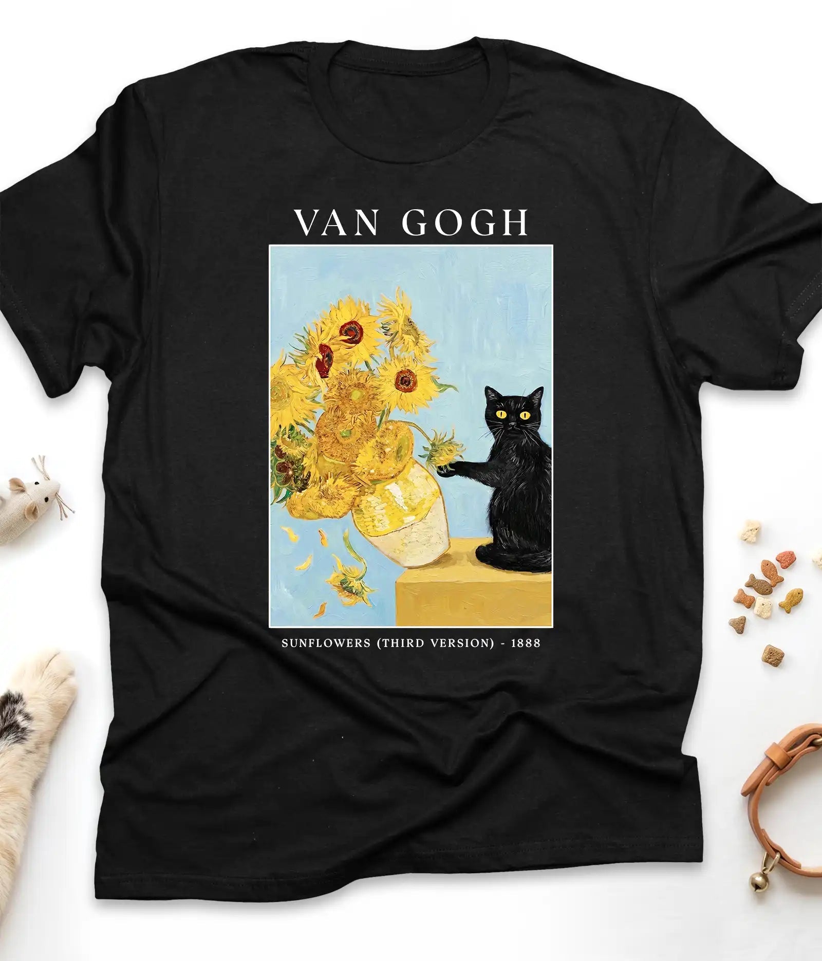 Black Van Gogh cat t-shirt with Sunflowers and a black cat, flat lay top view