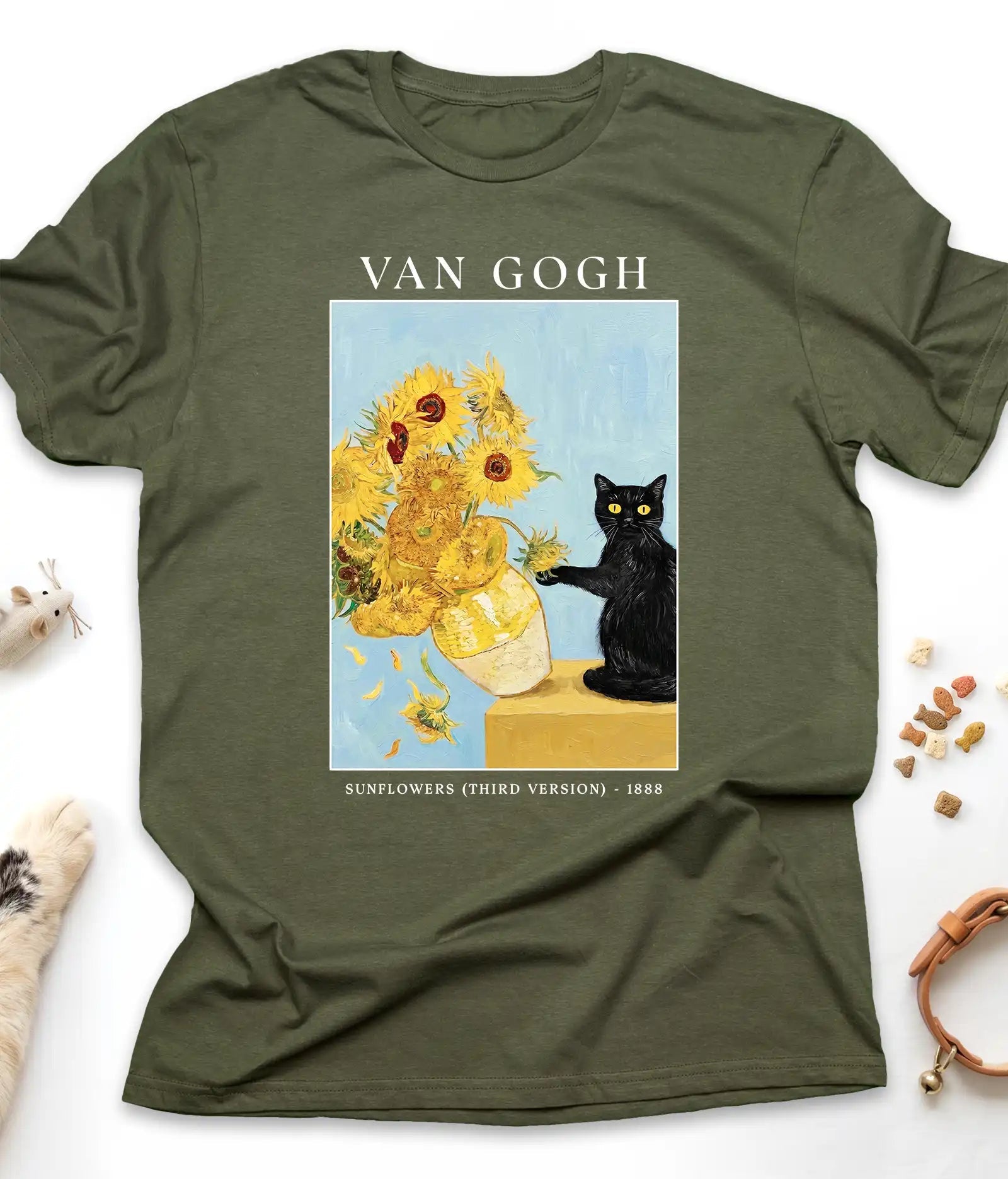Military Green Van Gogh cat t-shirt with Sunflowers and a black cat, flat lay top view