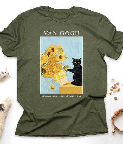 Military Green Van Gogh cat t-shirt with Sunflowers and a black cat, flat lay top view