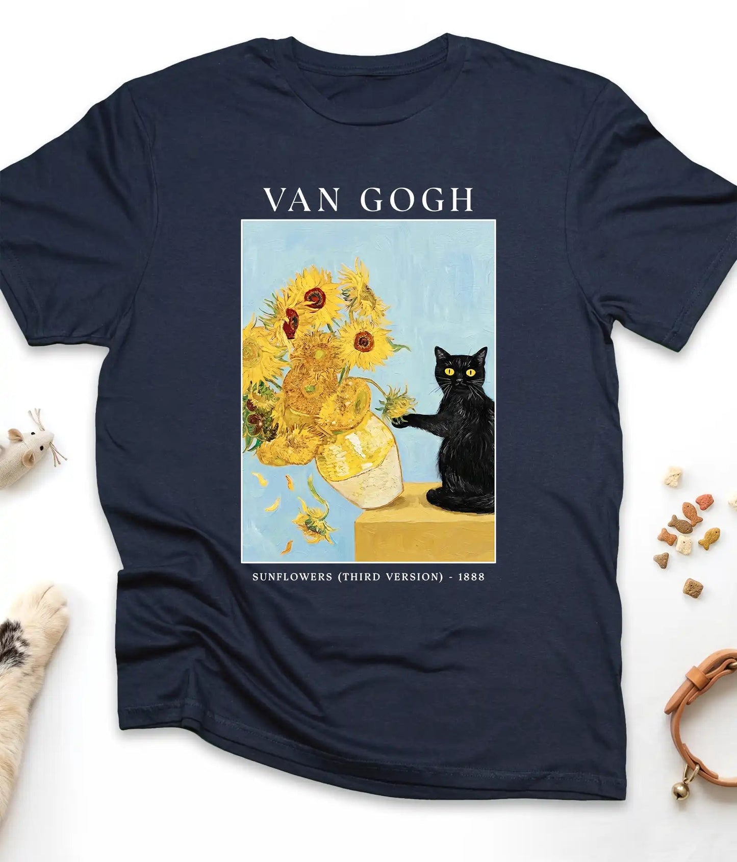 Navy Van Gogh cat t-shirt with Sunflowers and a black cat, flat lay top view