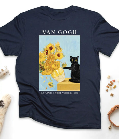 Navy Van Gogh cat t-shirt with Sunflowers and a black cat, flat lay top view