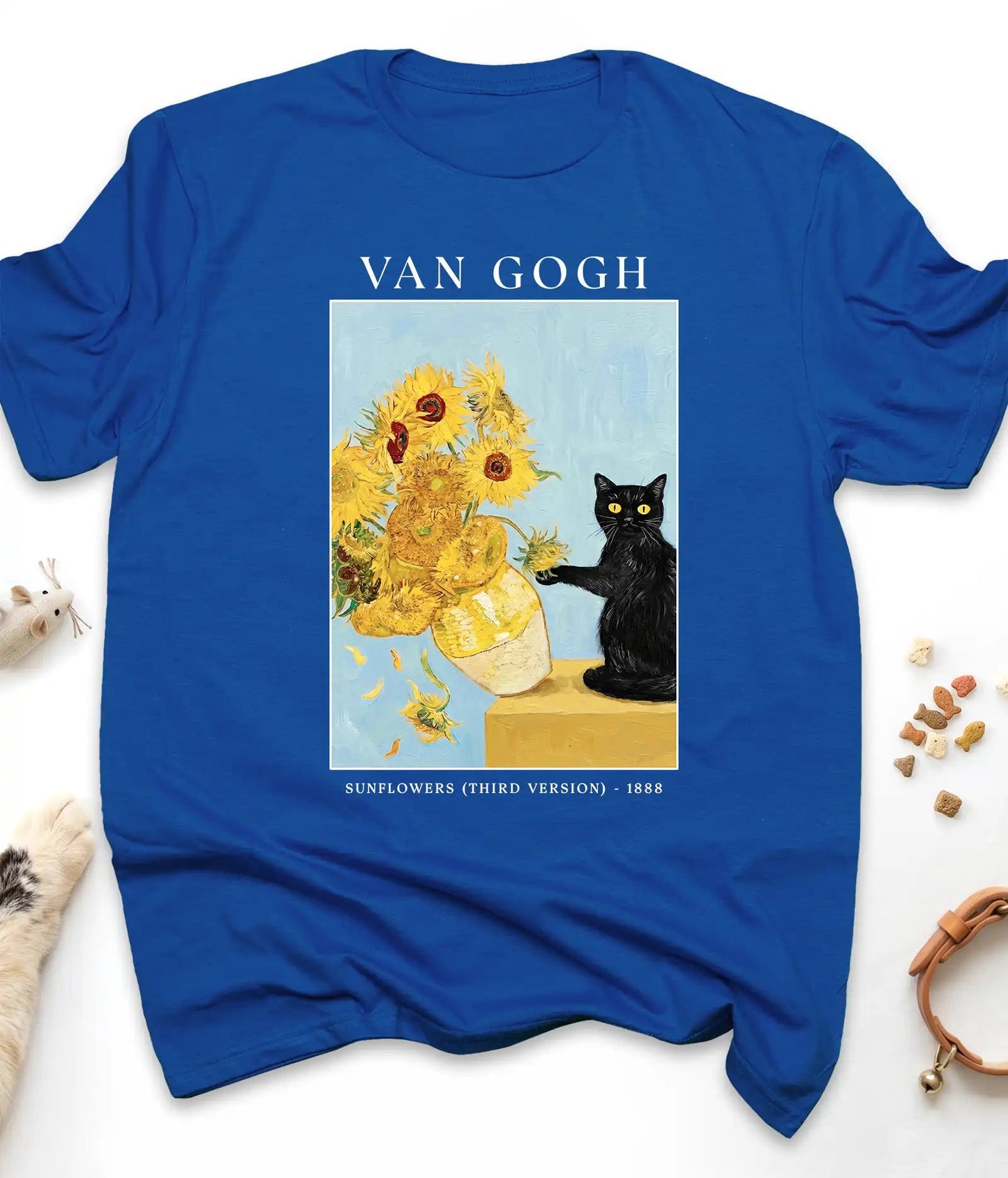 Royal Van Gogh cat t-shirt with Sunflowers and a black cat, flat lay top view