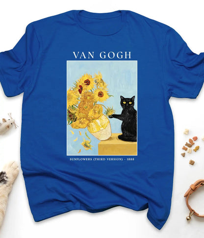 Royal Van Gogh cat t-shirt with Sunflowers and a black cat, flat lay top view