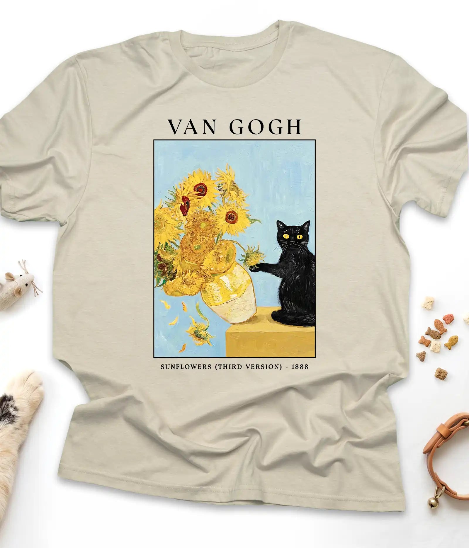 Sand Van Gogh cat t-shirt with Sunflowers and a black cat, flat lay top view