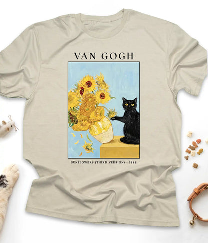 Sand Van Gogh cat t-shirt with Sunflowers and a black cat, flat lay top view