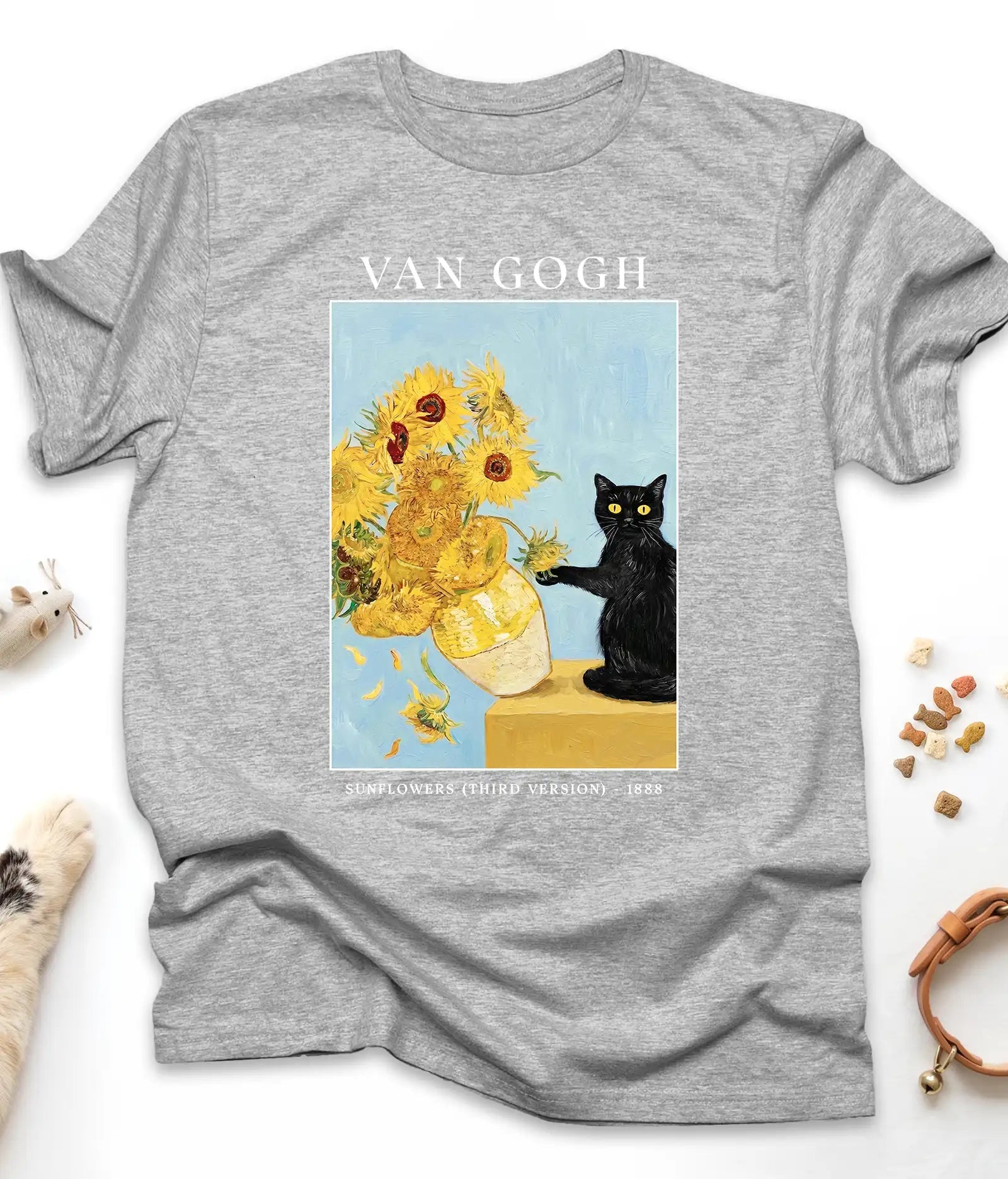 Sport Grey Van Gogh cat t-shirt with Sunflowers and a black cat, flat lay top view