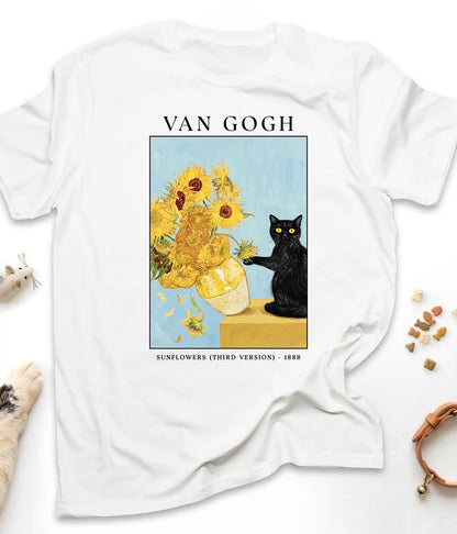 White Van Gogh cat t-shirt with Sunflowers and a black cat, flat lay top view